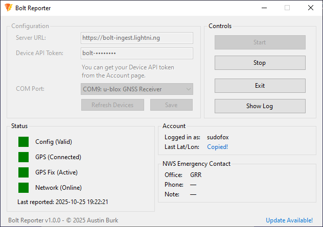 Bolt Reporter main application window showing configuration, controls, status, and log