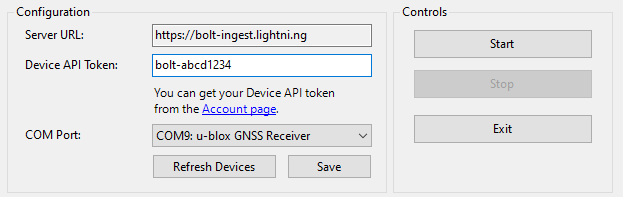 Bolt Reporter configuration window with Server URL, Device API Token, COM Port, and status panel
