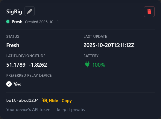 My Devices page showing Device API Token with Reveal/Copy option